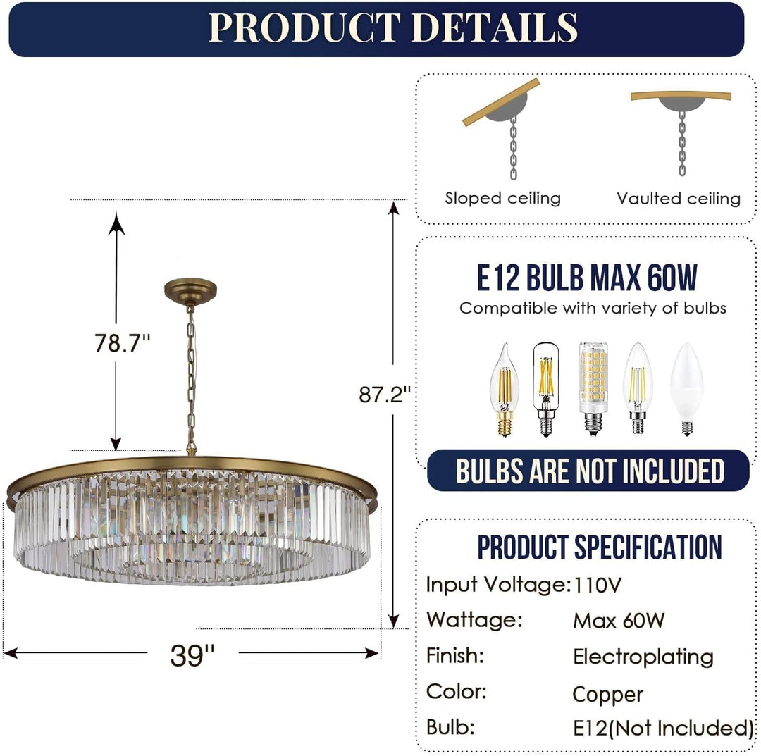 Large Crystal Chandelier Modern Luxury Pendant Ceiling Lights Fixture for Dining Living Room 18-Lights 3-Tier Raindrop Chandeliers Lighting (Copper, Dia 39 Inch)