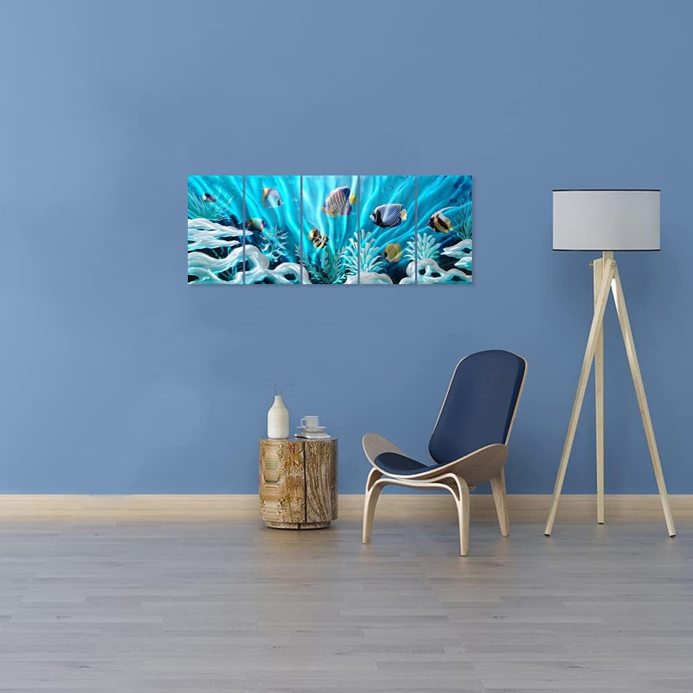 Fish Metal Wall Art Hand Crafted Large 3D Sea Life Pictures Modern Abstract Coastal Aluminum Artwork Contemporary Sculpture for Living Room Bedroom Dinning Decor
