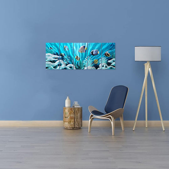 Fish Metal Wall Art Hand Crafted Large 3D Sea Life Pictures Modern Abstract Coastal Aluminum Artwork Contemporary Sculpture for Living Room Bedroom Dinning Decor