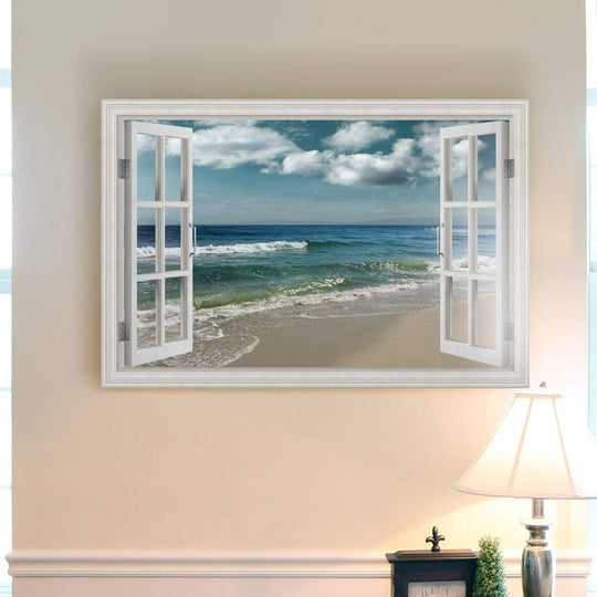 Canvas Nature Wall Art Home Paintings & Prints Artwork Cloudy Ocean Beach Sky Glam Romantic Window View Modern Decorations for Dining Room Office Kitchen - 18"X27" LT21