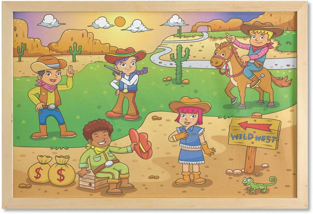 Cartoon Wall Art with Frame, Image of Cowboy Wild West North America Culture Design, Printed Fabric Poster for Bathroom Living Room Dorms, 35" X 23", Brown Green