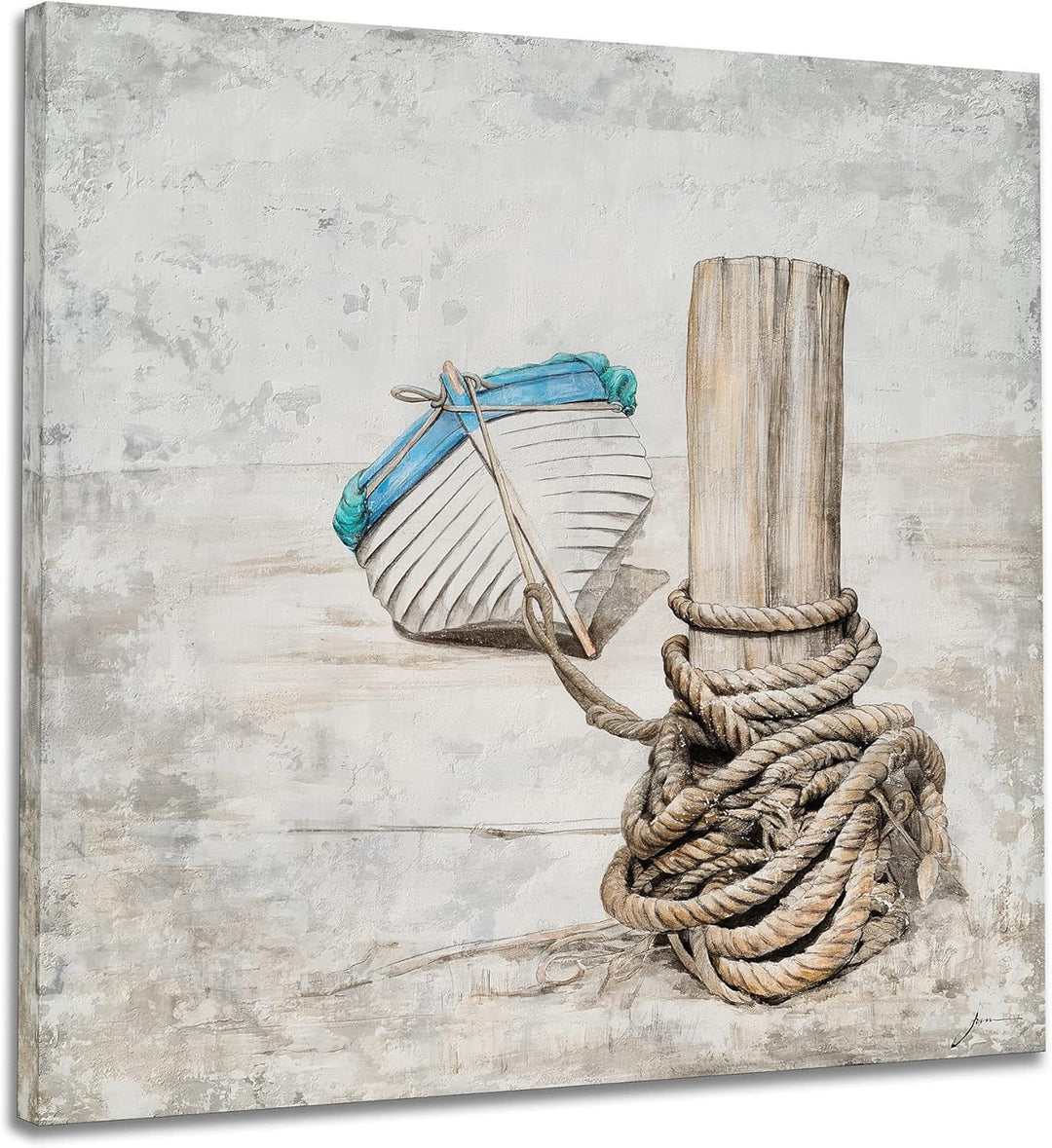 Nautical Canvas Wall Art with Hand Painted Textured, Modern Vintage Boat Paintings - Contemporary Rustic Coastal Pictures Artwork for Farmhouse Living Room Bedroom Bathroom Decor