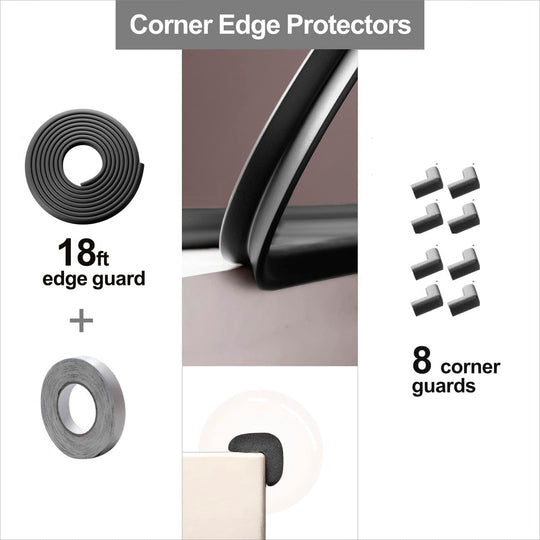 Baby Proof Edges & Corners Protector - Child Proofing Corner Edge Safety Gurards 18Ft Edge + 8 Corners Kids Furniture Foam Cushion Bumpers Guard for Fireplace Table Cabinet (Black)
