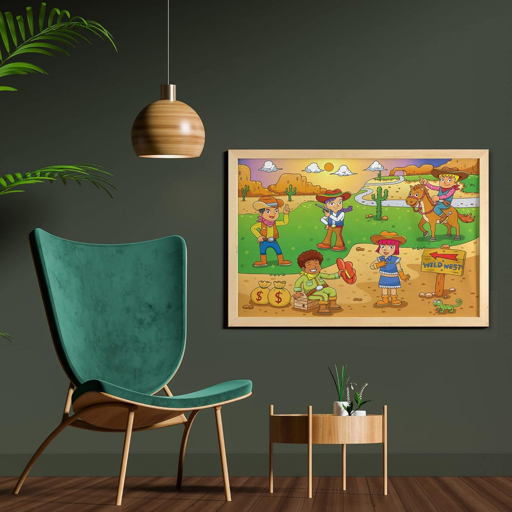 Cartoon Wall Art with Frame, Image of Cowboy Wild West North America Culture Design, Printed Fabric Poster for Bathroom Living Room Dorms, 35" X 23", Brown Green