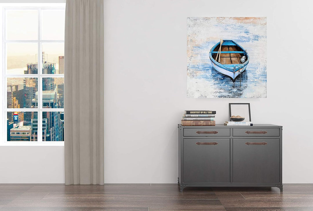 Coastal Canvas Wall Decor Hand Painted Light Blue Sailing Boat Painting Square Pictures Modern Abstract Nautical Artwork for Living Room Bedroom Bathroom Decoration