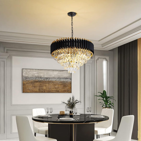 Gold Crystal Chandelier Contemporary, 24" Modern Living Room Chandeliers, K9 Crystal Ceiling Lights Fixtures, round 5 Tiers Pendant Lighting Chandelier Black for Entryway Dining Room Staircase