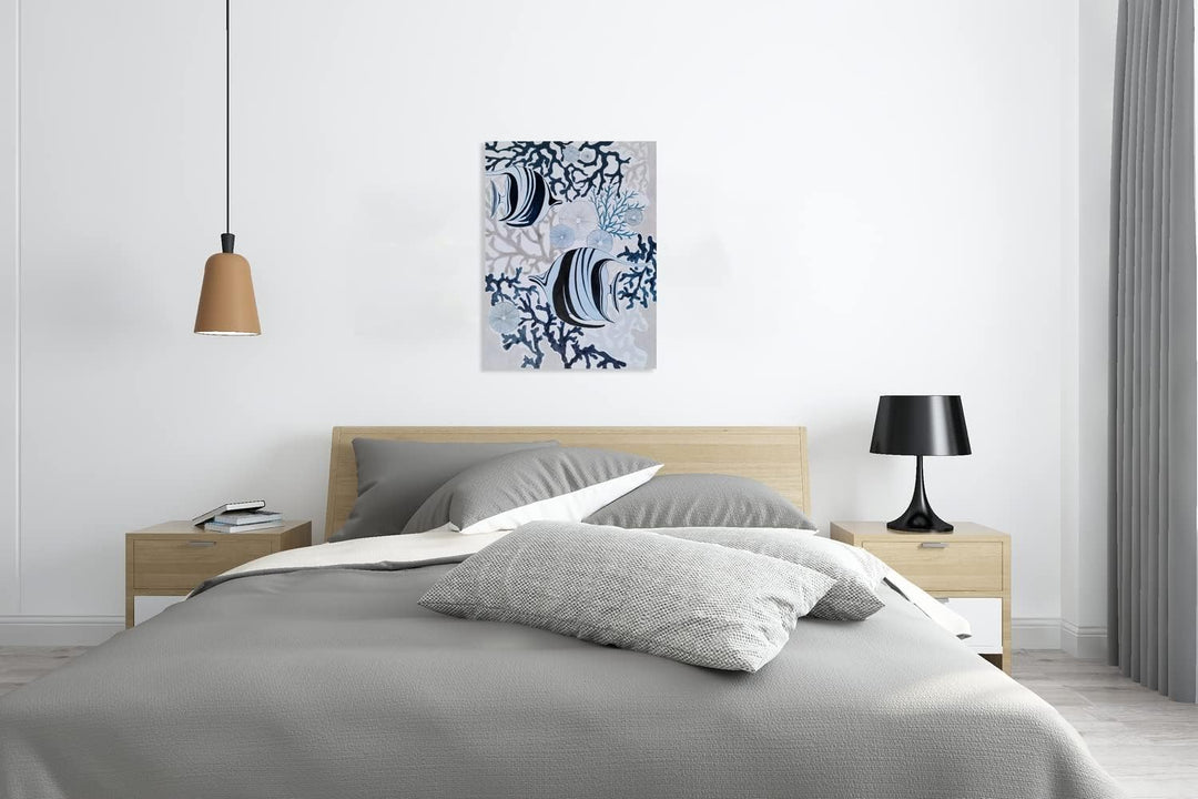 Fish Canvas Wall Art with Textured - Abstract Coastal Paintings - Modern Sea Life Pictures - Nautical Artwork for Living Room Bedroom Bathroom Decor