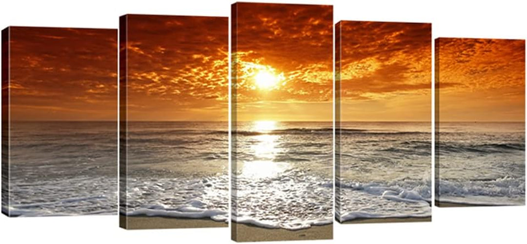 Grand Sight Extra Large 5 Panels Modern Landscape Artwork HD Seascape Giclee Canvas Prints Sea Beach Pictures to Photo Paintings on Canvas Wall Art for Home Decorations Wall Decor