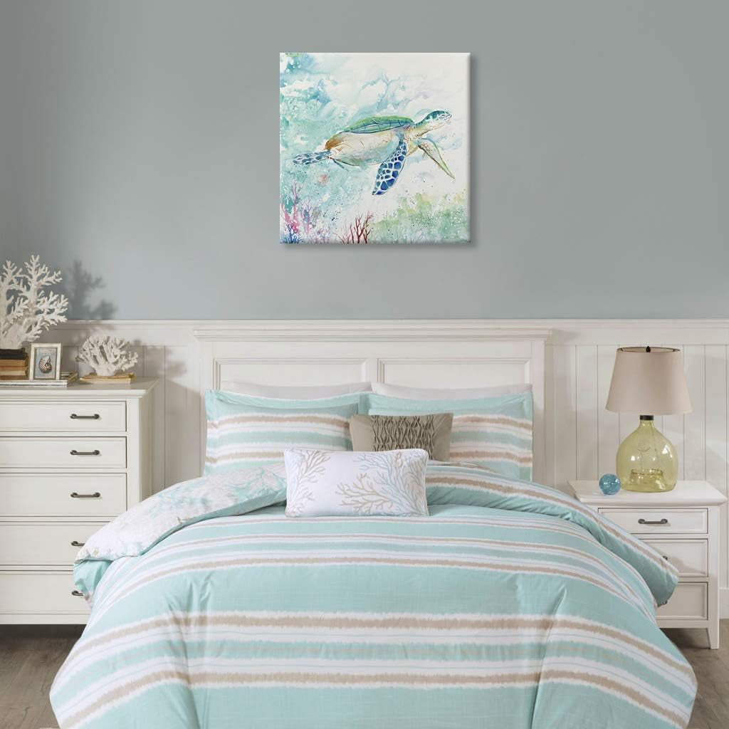Sea Turtle Wall Art Bathroom Wall Décor Ocean Animal Pictures Painting Blue Green Beach Theme Canvas Print Nautical Coastal Artwork for Bedroom Living Room Office Home Décor