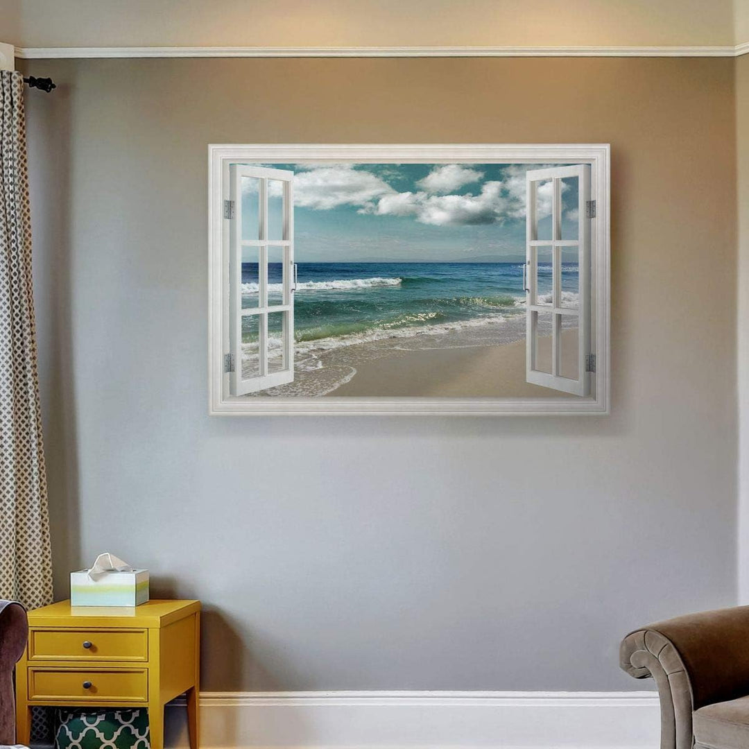 Canvas Nature Wall Art Home Paintings & Prints Artwork Cloudy Ocean Beach Sky Glam Romantic Window View Modern Decorations for Dining Room Office Kitchen - 18"X27" LT21