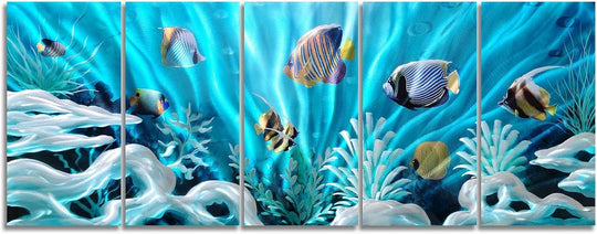 Fish Metal Wall Art Hand Crafted Large 3D Sea Life Pictures Modern Abstract Coastal Aluminum Artwork Contemporary Sculpture for Living Room Bedroom Dinning Decor
