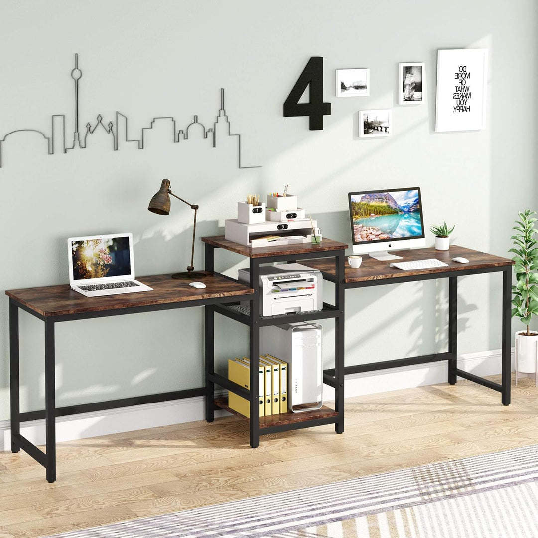 96.9" Double Computer Desk with Printer Shelf, Extra Long Two Person Desk Workstation with Storage Shelves, Large Office Desk Study Writing Table for Home Office, Dark Brown