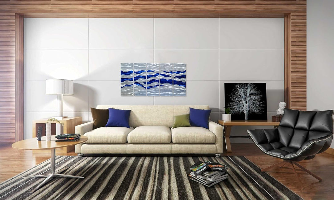 Abstract Coastal Metal Wall Art Handcrafted Big 3D Blue and Silver Artwork Modern Sea Waves Pictures Contemporary Sculpture for Living Room Bedroom Bathroom Decor