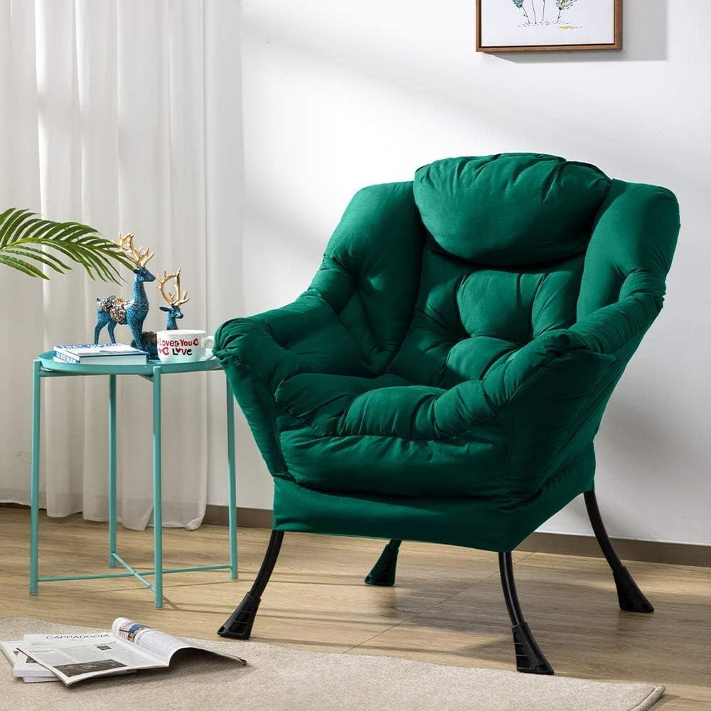 Modern Fabric Large Lazy Chair, Accent Oversized Comfy Reading Chair, Thick Padded Cozy Lounge Chair with Armrest, Steel Frame Leisure Sofa Chair for Living Room, Bedroom, Dorm, Green