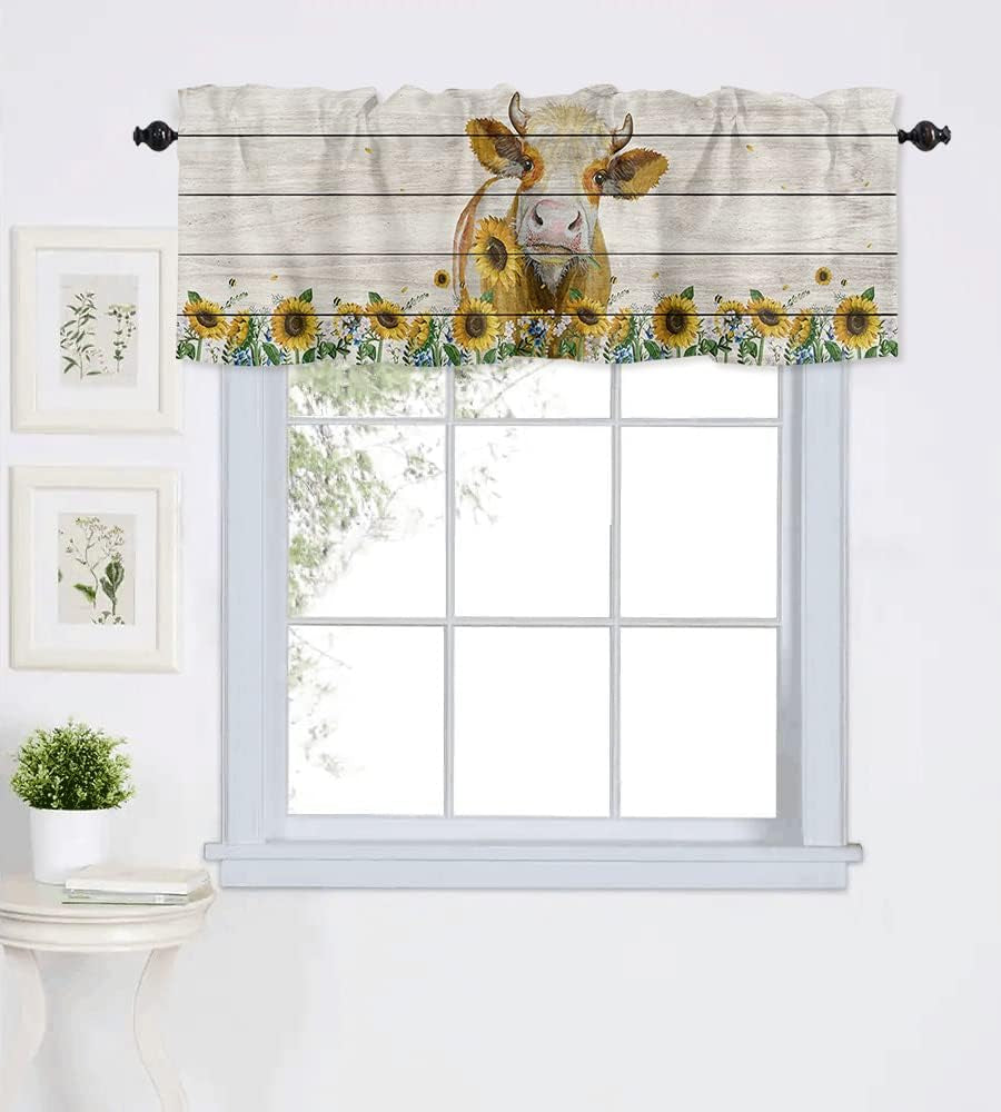Sunflower Valances for Kitchen, Sunflower Cow Valances for Windows, Floral Kitchen Curtains Rod Pocket Bathroom Curtains Window, Kitchen Window Curtains over Sink, 54X18In Kitchen Valances for Windows