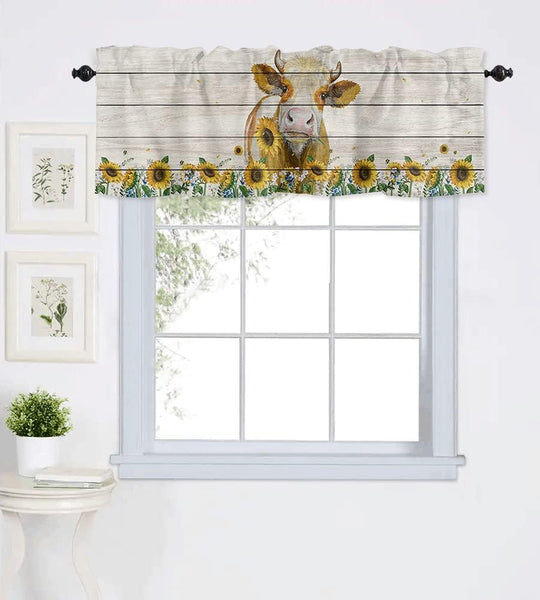 Sunflower Valances for Kitchen, Sunflower Cow Valances for Windows, Floral Kitchen Curtains Rod Pocket Bathroom Curtains Window, Kitchen Window Curtains over Sink, 54X18In Kitchen Valances for Windows
