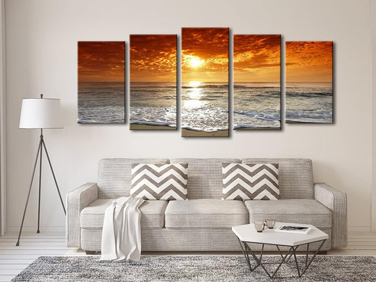 Grand Sight Extra Large 5 Panels Modern Landscape Artwork HD Seascape Giclee Canvas Prints Sea Beach Pictures to Photo Paintings on Canvas Wall Art for Home Decorations Wall Decor