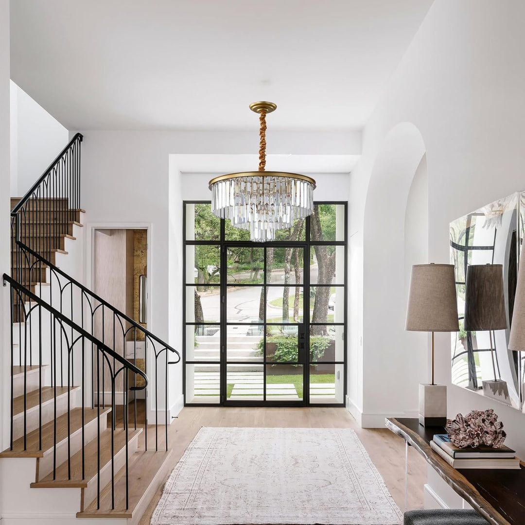 Golden Crystal Chandelier Lighting K9 Crystal round Chandelier Suspended Ceiling Light Fixture 3 Tier Suitable for Modern Dining Room Living Room Bedroom Stairs