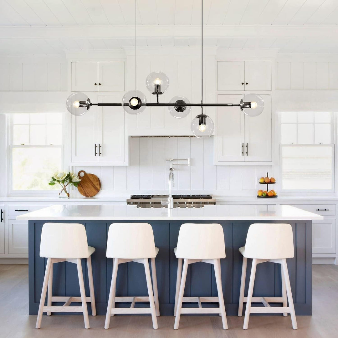 6-Light Clear Glass Globe Pendant Light Mid Century Modern Rectangular Sputnik Chandelier Vintage Black Linear Kitchen Island Dining Pendant Lighting Fixture