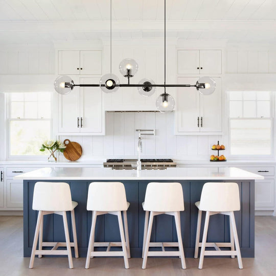 6-Light Clear Glass Globe Pendant Light Mid Century Modern Rectangular Sputnik Chandelier Vintage Black Linear Kitchen Island Dining Pendant Lighting Fixture