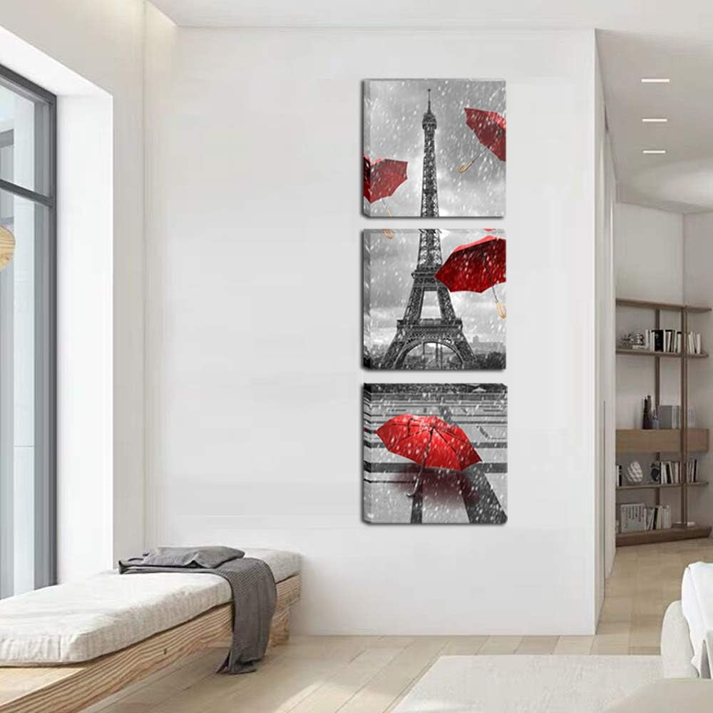 Paris Eiffel Tower Canvas Wall Art Decor Red Umbrellas Poster Prints Pictures Artwork for Bedroom Bathroom Living Room Ready to Hang 12X12Inchx3