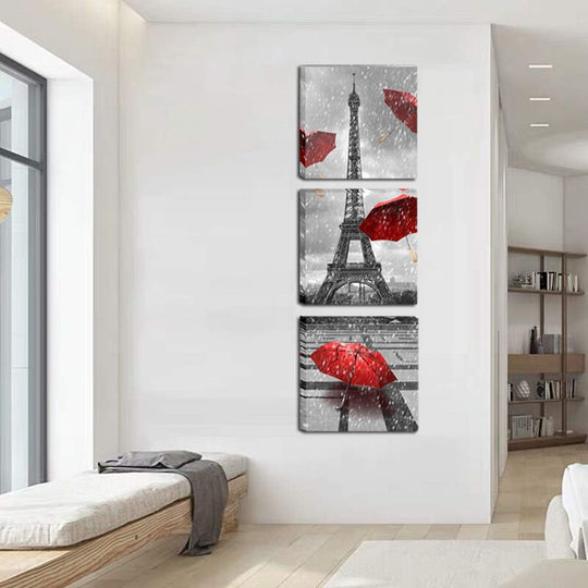 Paris Eiffel Tower Canvas Wall Art Decor Red Umbrellas Poster Prints Pictures Artwork for Bedroom Bathroom Living Room Ready to Hang 12X12Inchx3