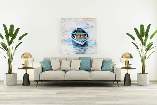 Coastal Canvas Wall Decor Hand Painted Light Blue Sailing Boat Painting Square Pictures Modern Abstract Nautical Artwork for Living Room Bedroom Bathroom Decoration