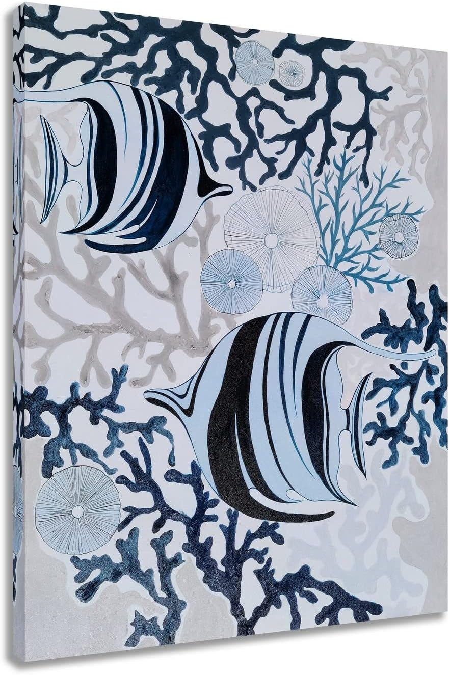Fish Canvas Wall Art with Textured - Abstract Coastal Paintings - Modern Sea Life Pictures - Nautical Artwork for Living Room Bedroom Bathroom Decor