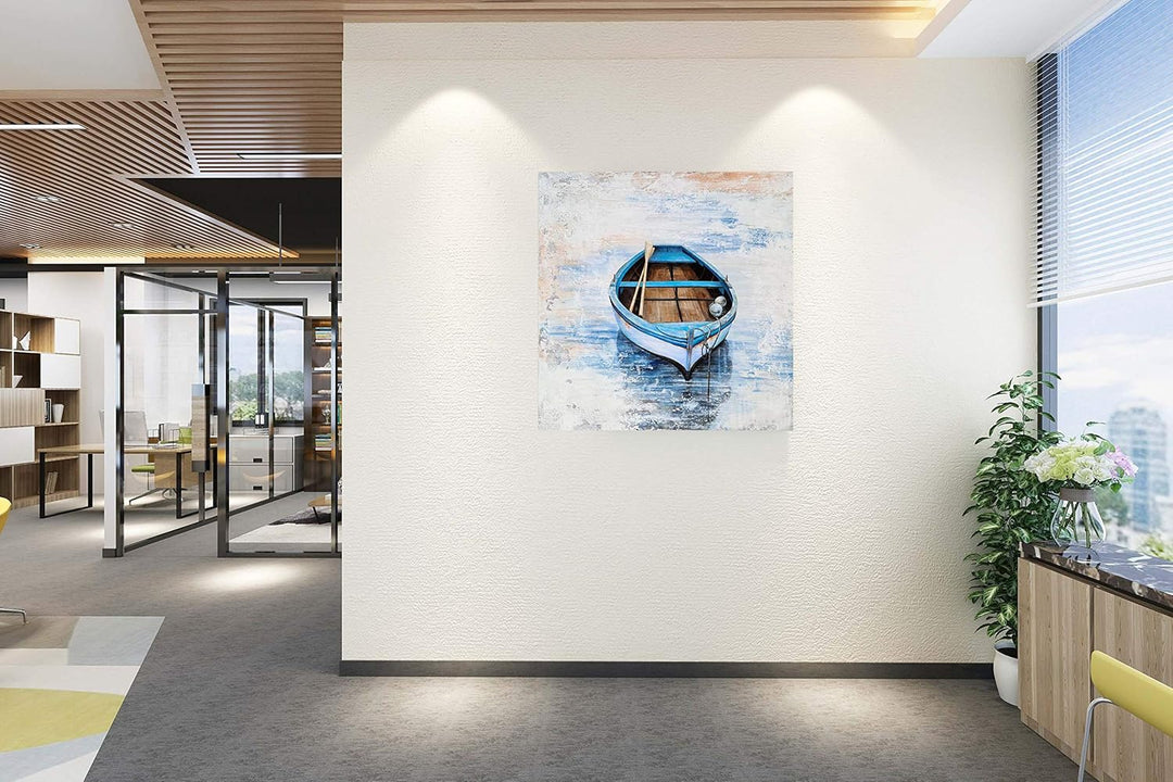 Coastal Canvas Wall Decor Hand Painted Light Blue Sailing Boat Painting Square Pictures Modern Abstract Nautical Artwork for Living Room Bedroom Bathroom Decoration