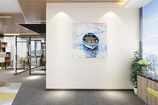 Coastal Canvas Wall Decor Hand Painted Light Blue Sailing Boat Painting Square Pictures Modern Abstract Nautical Artwork for Living Room Bedroom Bathroom Decoration