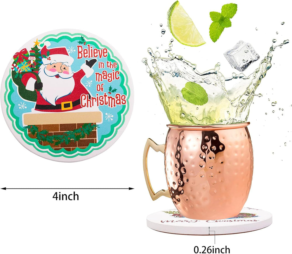 Drink Coasters with Holder Absorbent Ceramic Coaster Set of 6 with Cork Base, Christmas Coasters for Drinks for Tabletop Protection, Suitable for Cold Drinks Wine Mugs Cups, Wooden Table, 4 Inches