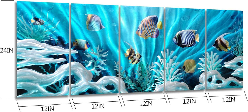 Fish Metal Wall Art Hand Crafted Large 3D Sea Life Pictures Modern Abstract Coastal Aluminum Artwork Contemporary Sculpture for Living Room Bedroom Dinning Decor