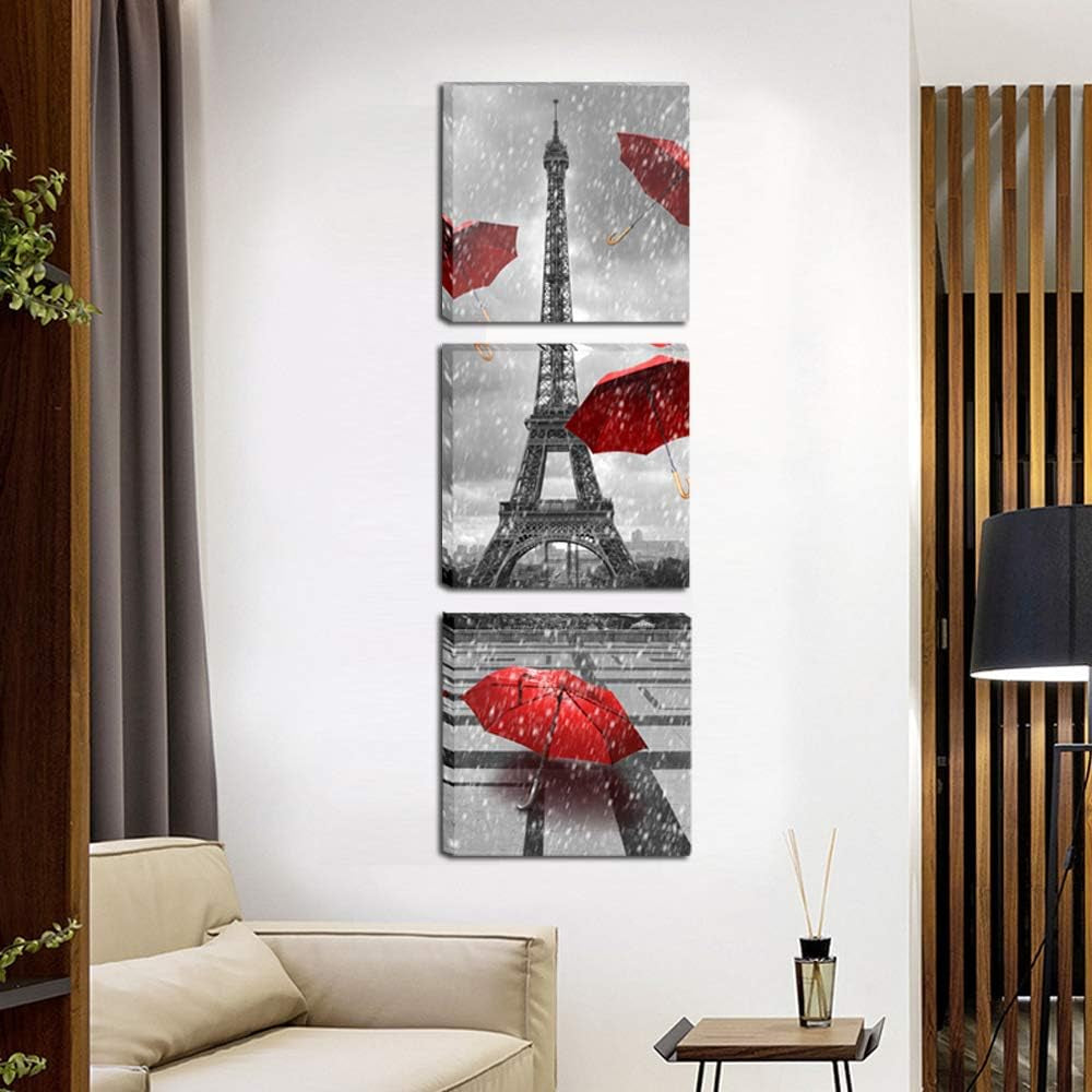 Paris Eiffel Tower Canvas Wall Art Decor Red Umbrellas Poster Prints Pictures Artwork for Bedroom Bathroom Living Room Ready to Hang 12X12Inchx3