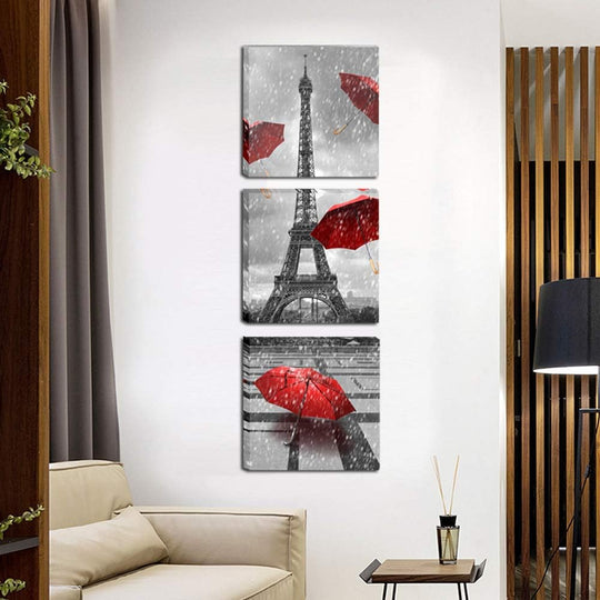 Paris Eiffel Tower Canvas Wall Art Decor Red Umbrellas Poster Prints Pictures Artwork for Bedroom Bathroom Living Room Ready to Hang 12X12Inchx3