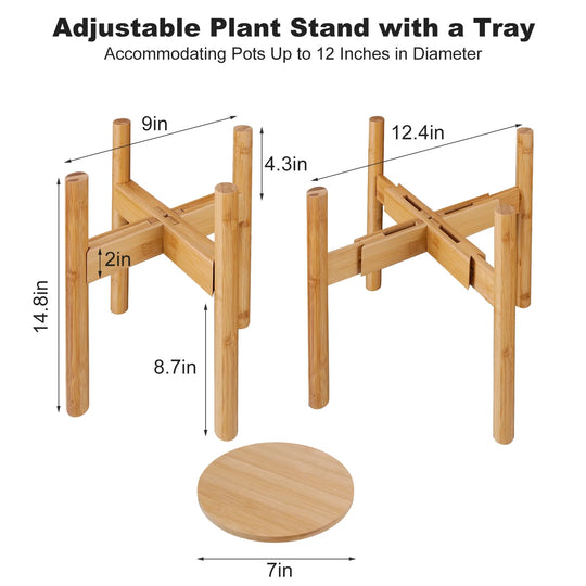 Adjustable Indoor Plant Stand, 15 Inch Tall Wooden Plant Holder, Mid Century Modern Wood Stand with Tray, Single Floor Flower Pot Holder for 9-12 Inch Width Pots