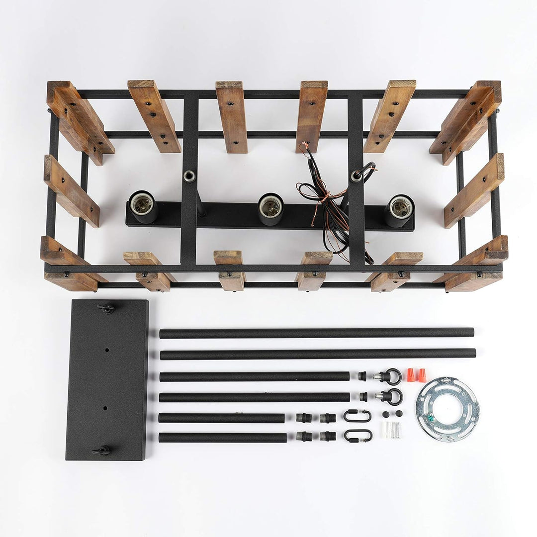 Rustic Farmhouse Pendant Light 3-Light Kitchen Island Lighting Fixture Rectangular Wood Cage Hanging Chandelier Lights for Dining Room Kitchen Island