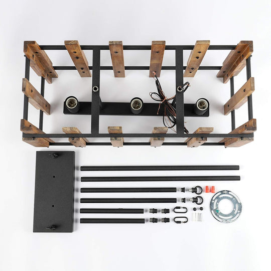 Rustic Farmhouse Pendant Light 3-Light Kitchen Island Lighting Fixture Rectangular Wood Cage Hanging Chandelier Lights for Dining Room Kitchen Island