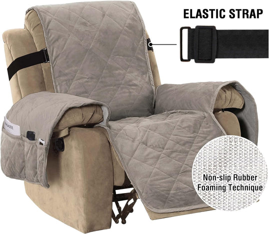 Thick Velvet Quilted Recliner Covers for Recliner Chair Covers Reclining Chair Slipcover Recliner Couch Cover with Non Slip Backing and Wider Elastic Strap (Oversaized Recliner, Taupe)
