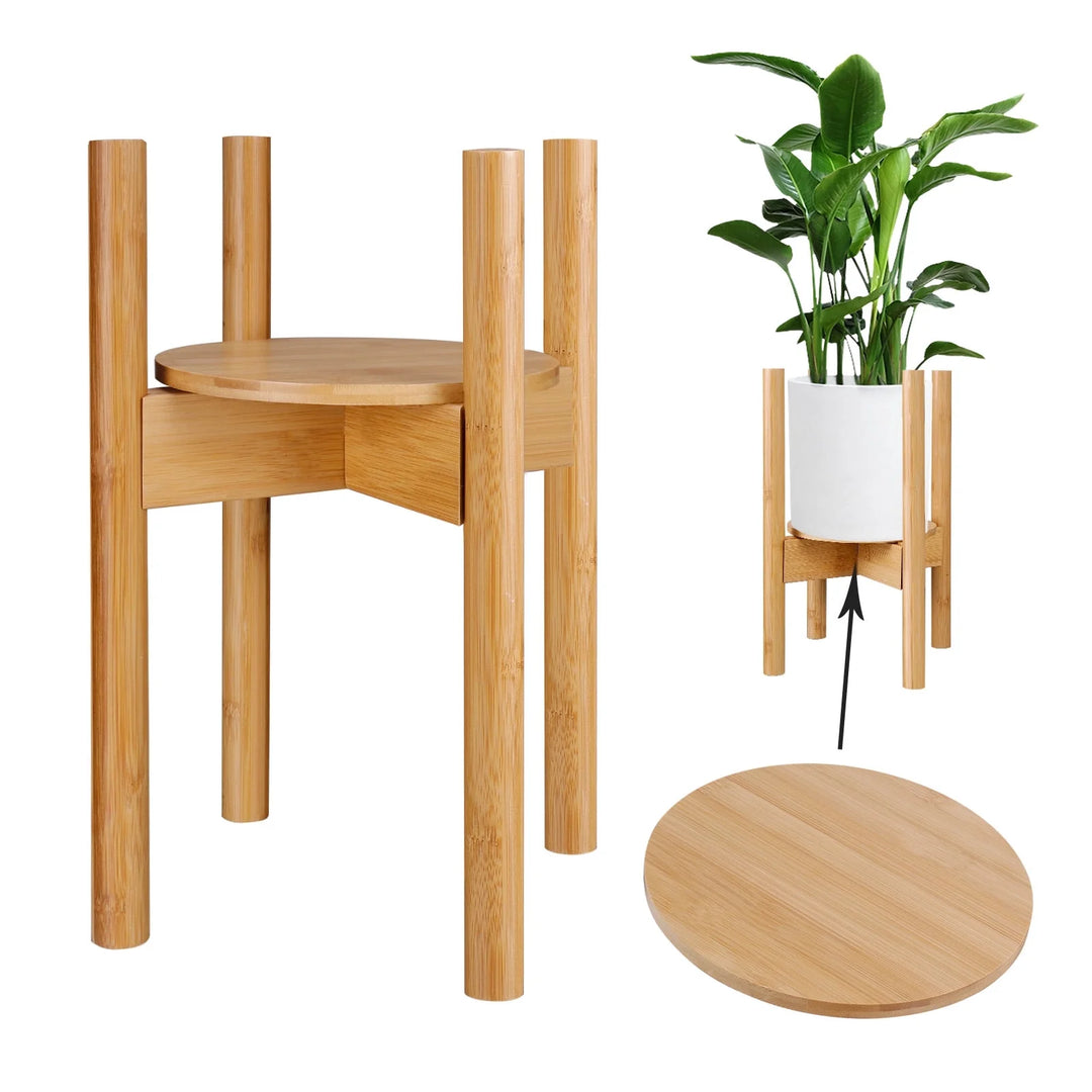 Adjustable Indoor Plant Stand, 15 Inch Tall Wooden Plant Holder, Mid Century Modern Wood Stand with Tray, Single Floor Flower Pot Holder for 9-12 Inch Width Pots
