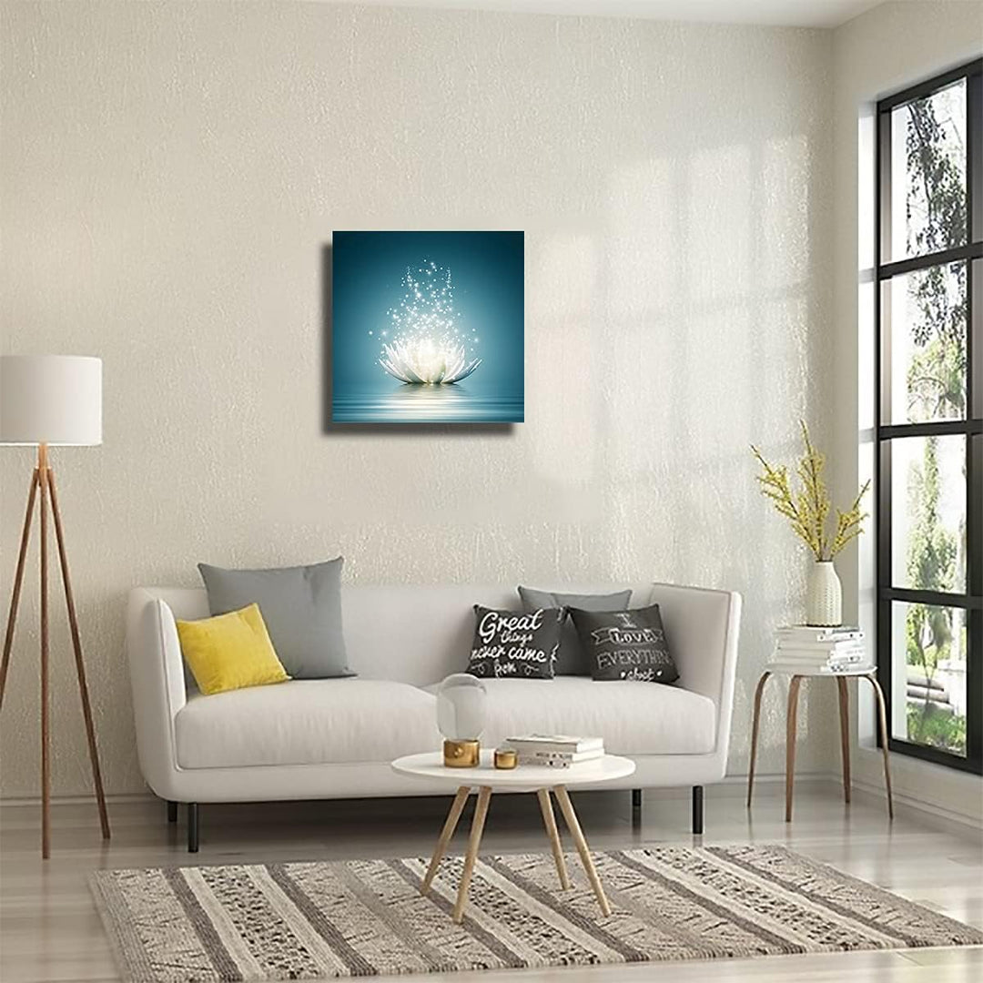 Blue Lotus Flower Wall Art Zen Decor Spiritual Meditation Yoga Magic Pictures for Bedroom Bathroom Home Decoration Canvas Stretched and Framed Ready to Hang 12X12 Inch
