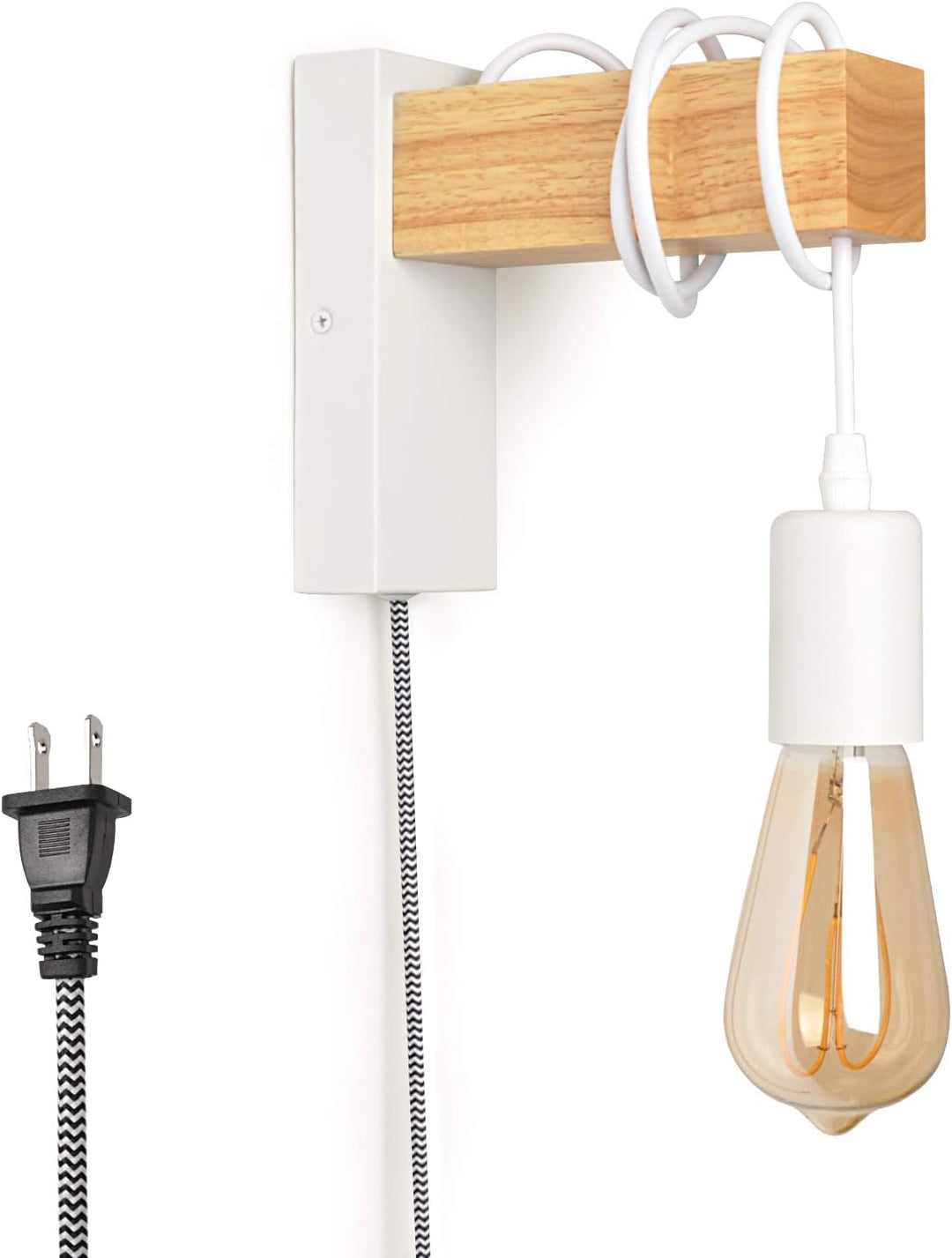 Modern Wall Lamp with Plug in Cord, Contemporary White Wooden Wall Sconce for Bedroom Bedside Lights E26 Base for Living Room Decoration Mounted Interior Lighting