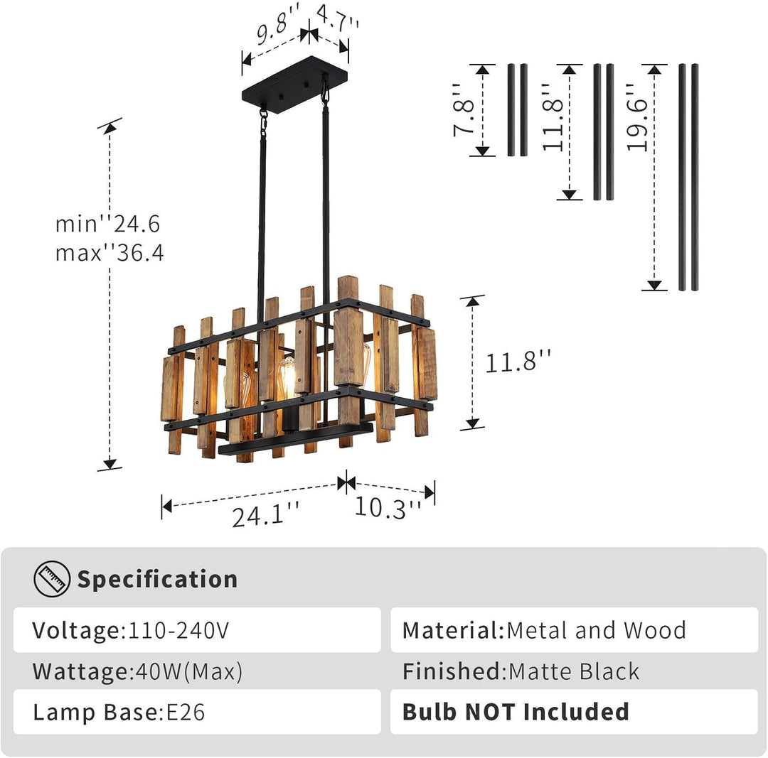 Rustic Farmhouse Pendant Light 3-Light Kitchen Island Lighting Fixture Rectangular Wood Cage Hanging Chandelier Lights for Dining Room Kitchen Island