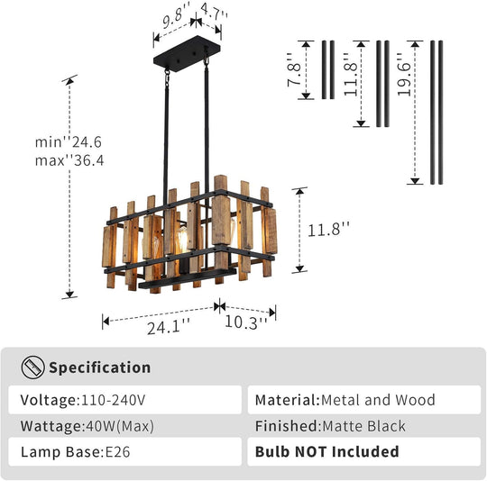 Rustic Farmhouse Pendant Light 3-Light Kitchen Island Lighting Fixture Rectangular Wood Cage Hanging Chandelier Lights for Dining Room Kitchen Island
