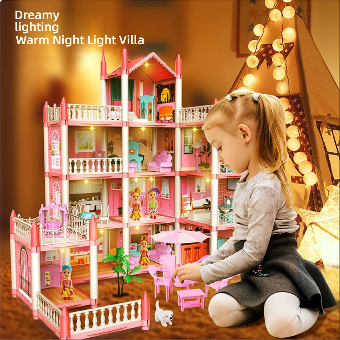 Children'S Music Doll House Assembly Villa House 3D DIY Dream Princess Castle Villa Assembly Doll House Set Toy Girl Family Toy