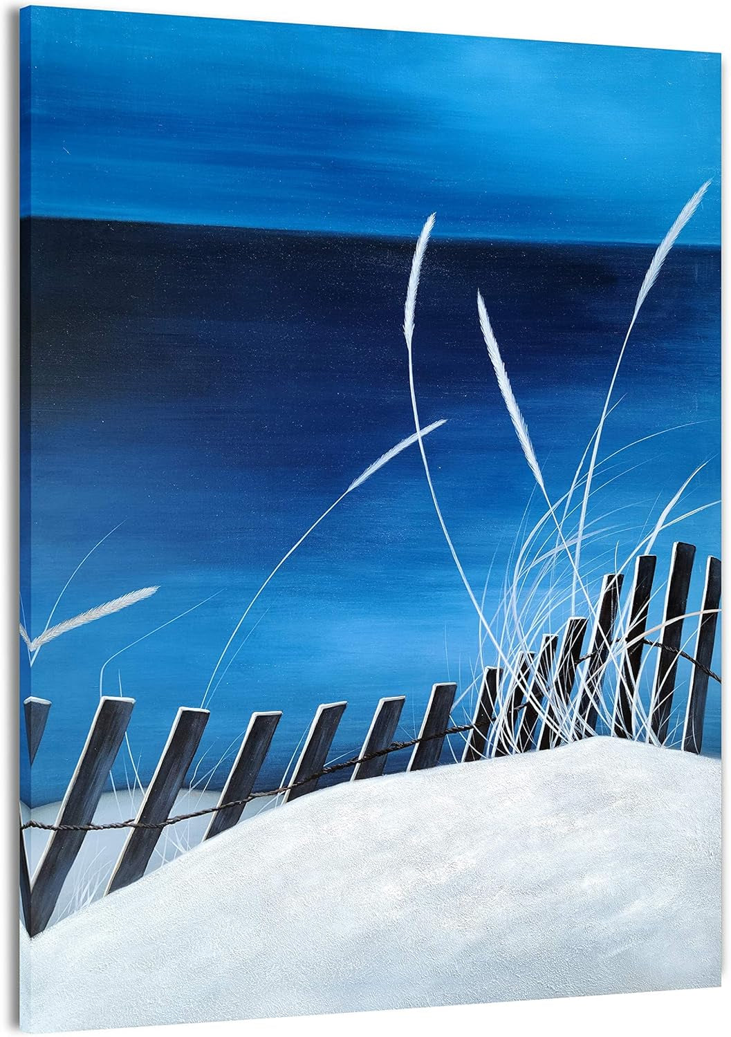 Beach Canvas Wall Art - Hand Painted Night Scenery Pictures - Coastal Painting in Royal Blue and White Color for Living Room Bedroom Bathroom Decor