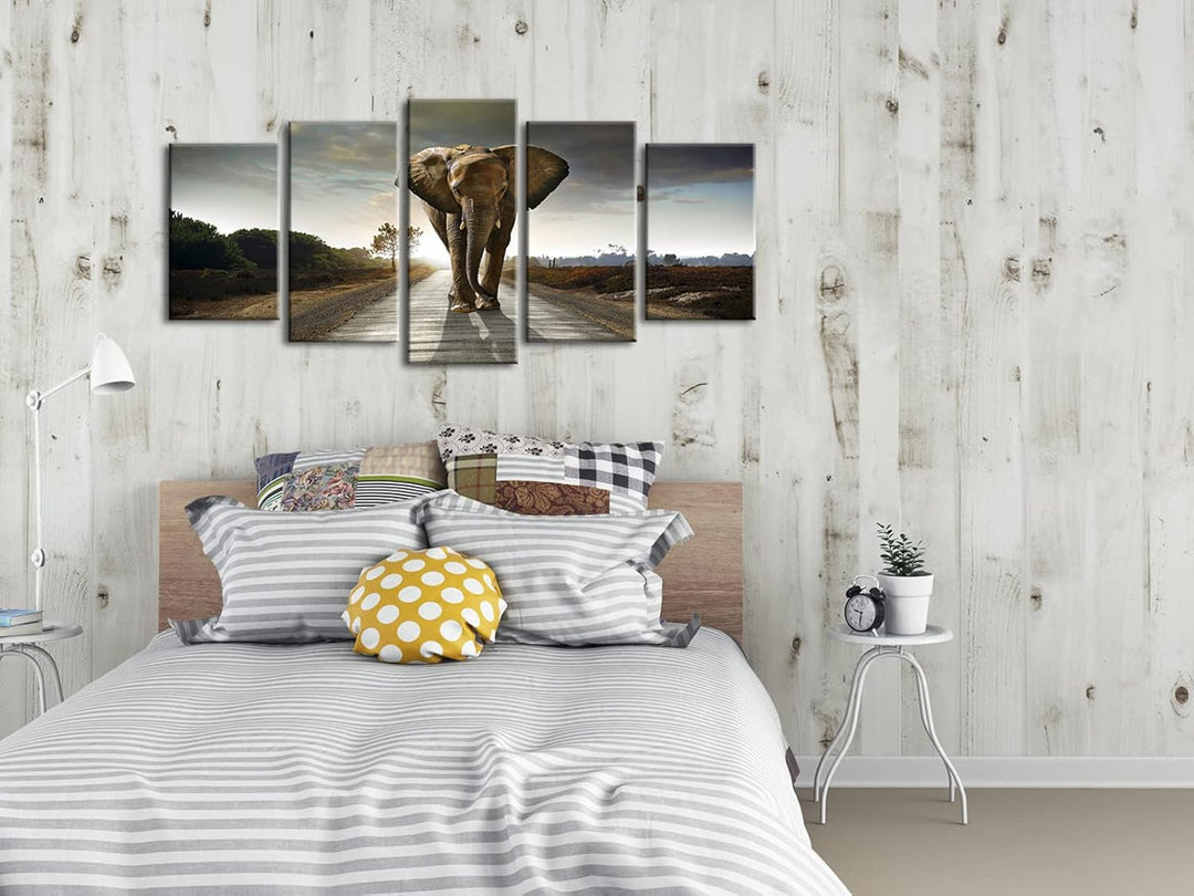 Elephant Canvas Prints Wall Art Animals Pictures to Photo Paintings Decor for Living Room Bedroom Home Decorations 5 Piece Modern Stretched and Framed Grace Grey Landscape Giclee Artwork