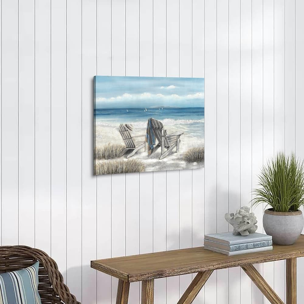 Abstract Seascape Canvas Wall Art: Beach Chair on Sand Painting Print for Bedroom (24" W X 18" H, Multiple Sizes/Material)