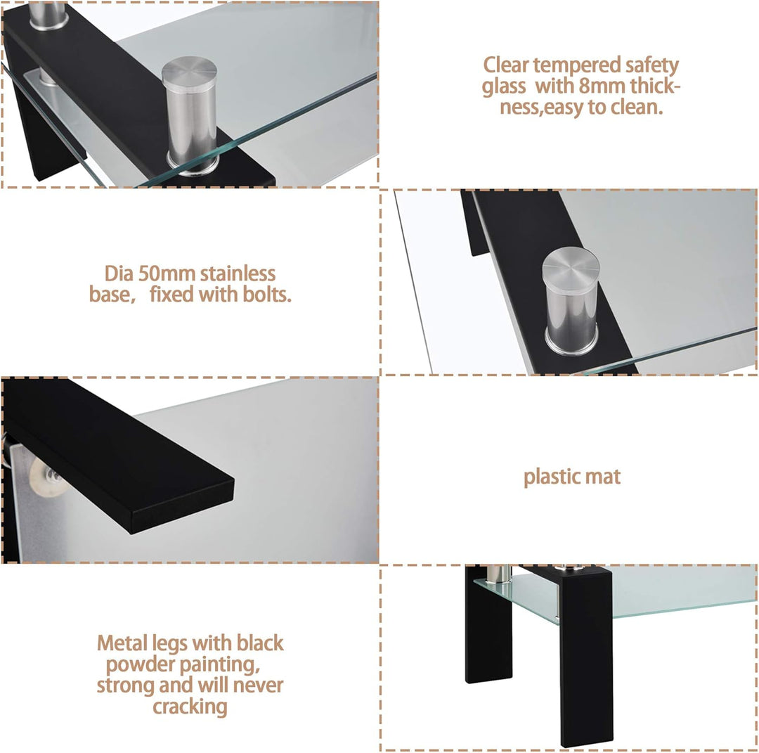 Rectangle Black Glass Coffee Table, Clear Coffee Table, Modern Side Center Tables for Living Room
