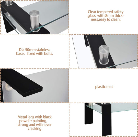 Rectangle Black Glass Coffee Table, Clear Coffee Table, Modern Side Center Tables for Living Room