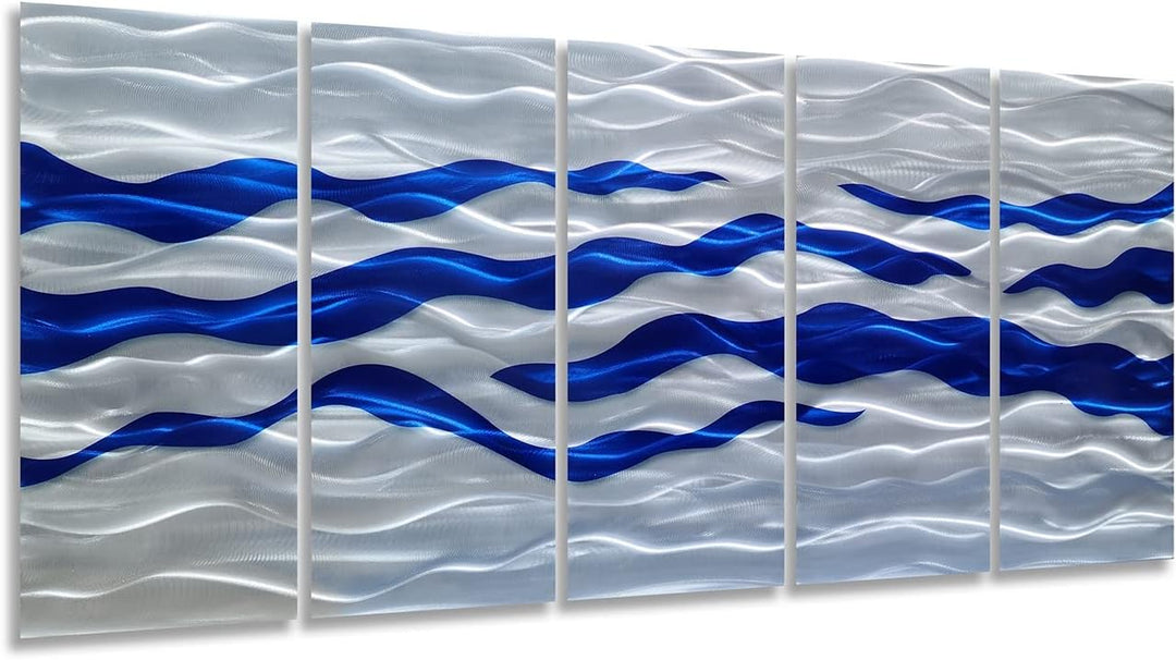 Abstract Coastal Metal Wall Art Handcrafted Big 3D Blue and Silver Artwork Modern Sea Waves Pictures Contemporary Sculpture for Living Room Bedroom Bathroom Decor